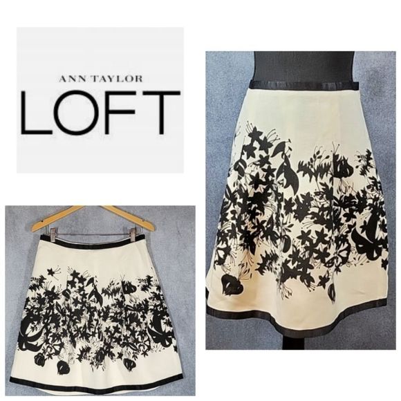 LOFT Skirts Loftblack White Linen Floral Aline Pleated Skirt Poshmark